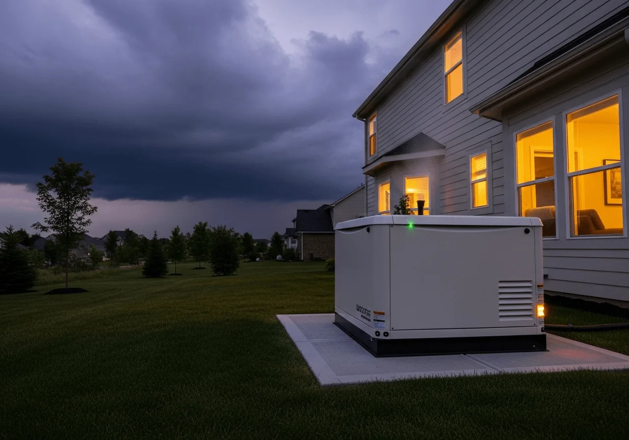 Generator Runtime Calculator Residential backup generator powering a home during a storm outage
