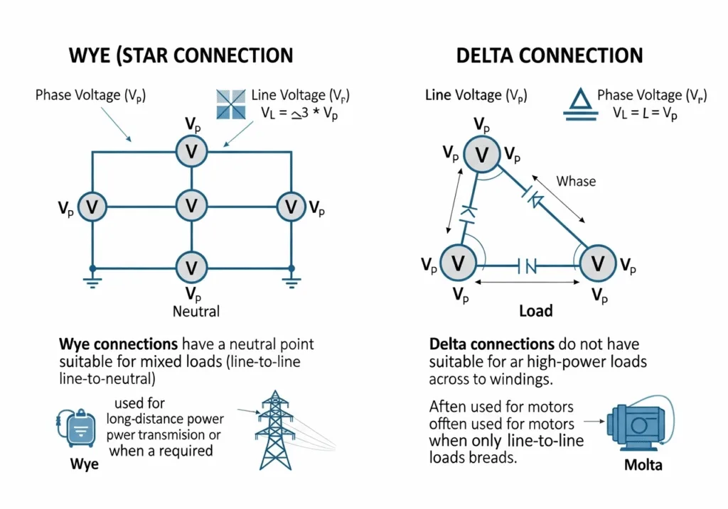 Three Phase Power Calculator side by side comparison infographic of wye (star) and delta connection configurations in 3 phase electrical systems.595z min
