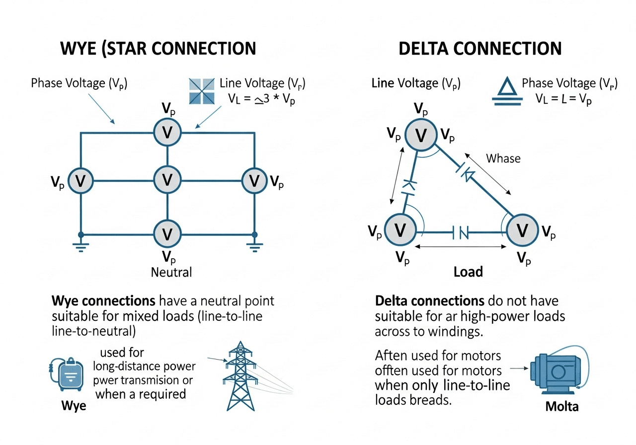 side by side comparison infographic of wye (star) and delta connection configurations in 3 phase electrical systems.595z min {{brizy_dc_image_alt imageSrc=