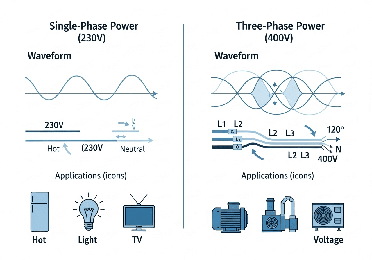 side by side comparison of single phase and three phase electrical power distribution systems showing waveforms, conductors, and typical applications.
