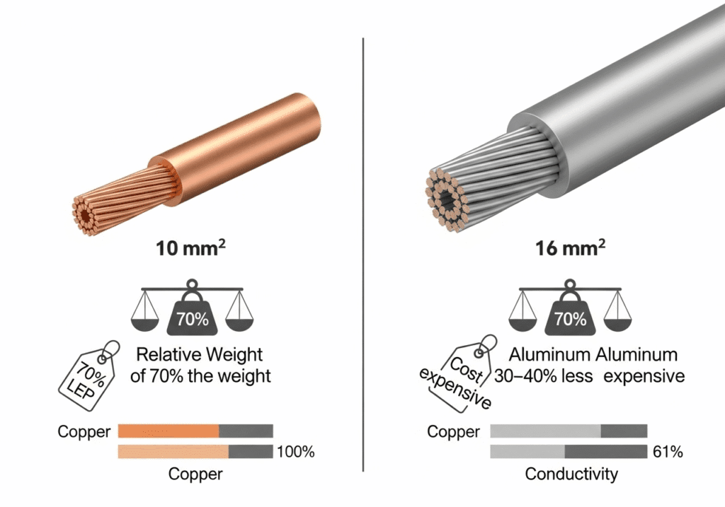 Cable Size Calculator Size comparison of copper and aluminium cables rated for equal current capacity — cable size calculator conductor selection guide