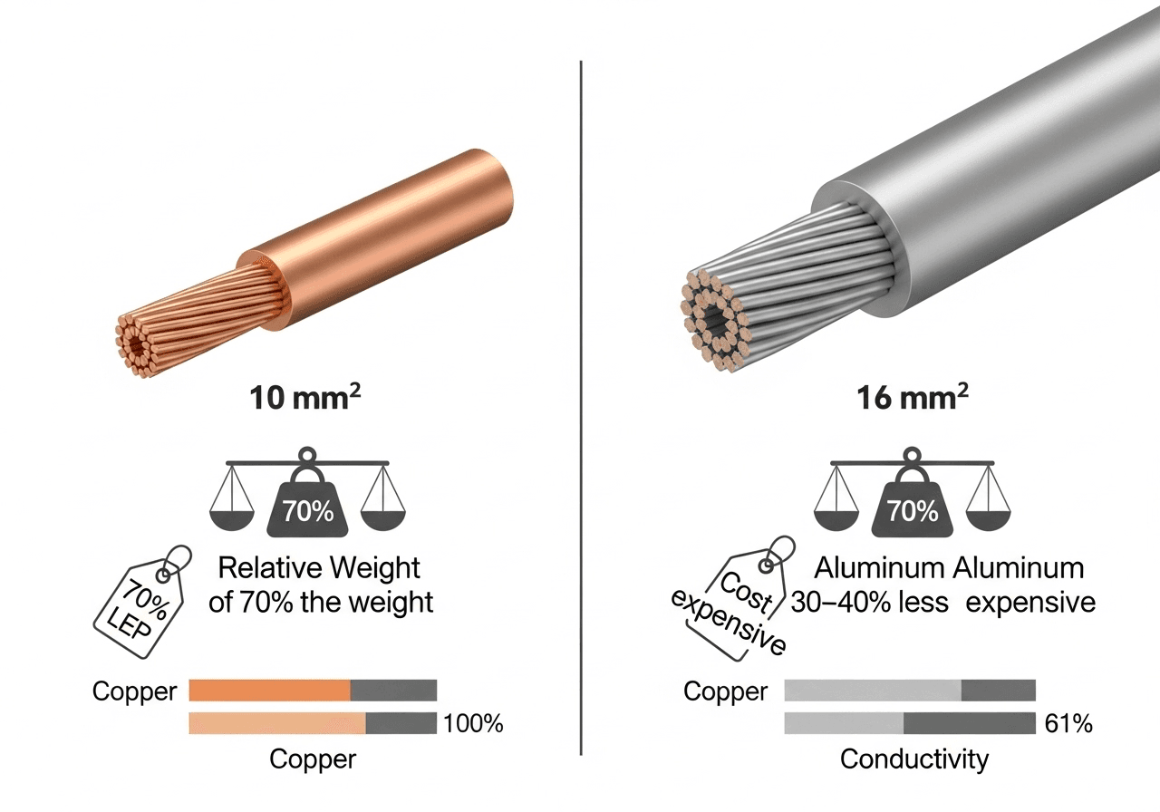size comparison of copper and aluminum cables rated for equal current capacity.110z min