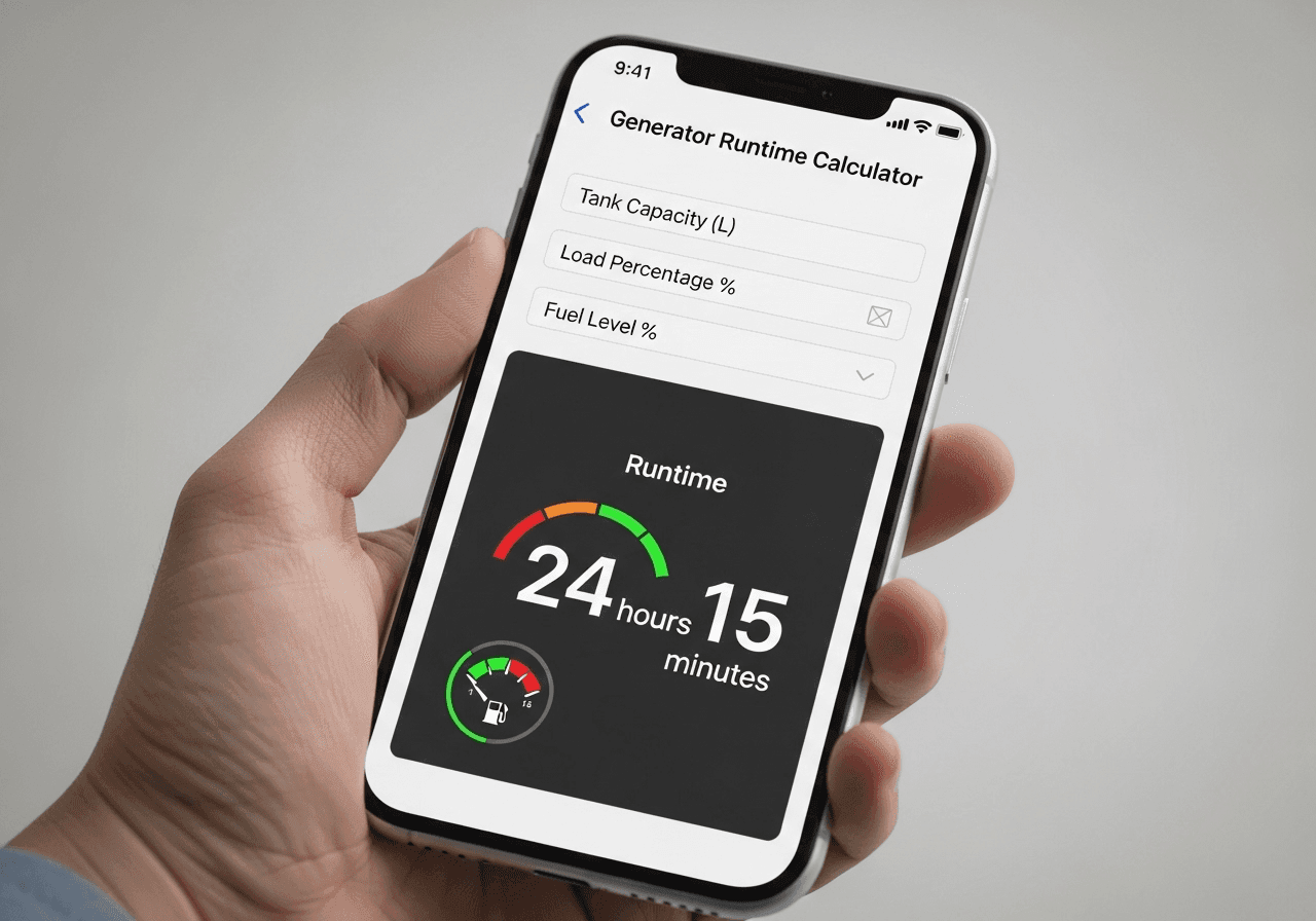 smartphone displaying generator runtime calculator mobile application. {{brizy_dc_image_alt imageSrc=