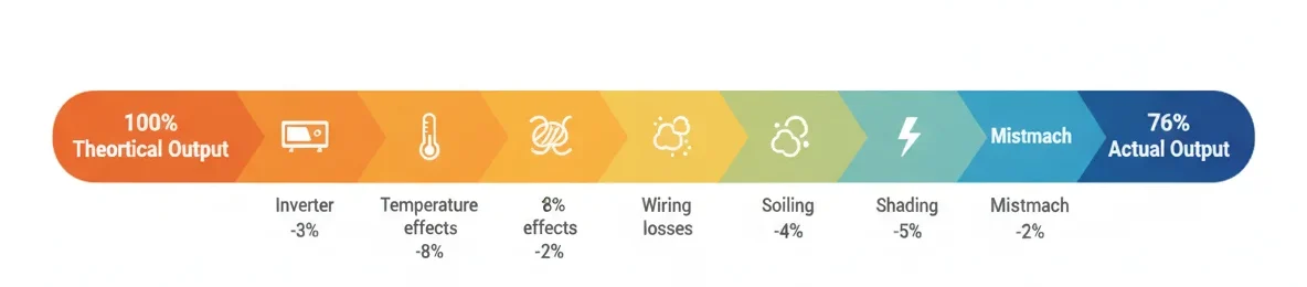 solar system performance ratio breakdown showing various efficiency losses from 100% theoretical to 76% actual output