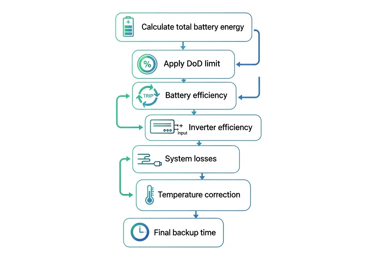Step-by-step battery backup duration calculation flowchart showing all efficiency factors
