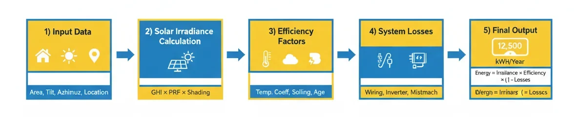 step by step solar power calculation flowchart showing inputs, calculations, and energy output