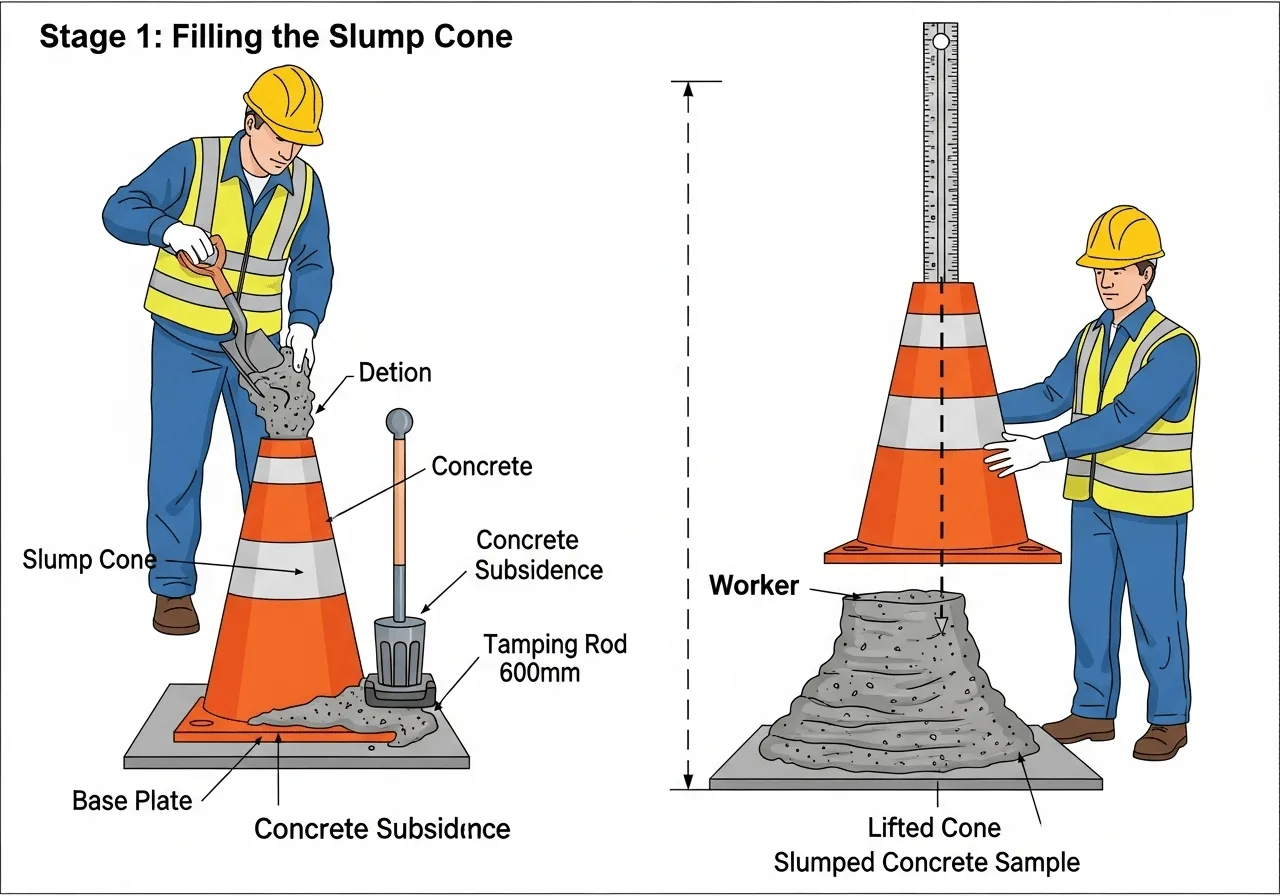 Technical diagram illustrating the concrete slump test procedure and measurement method