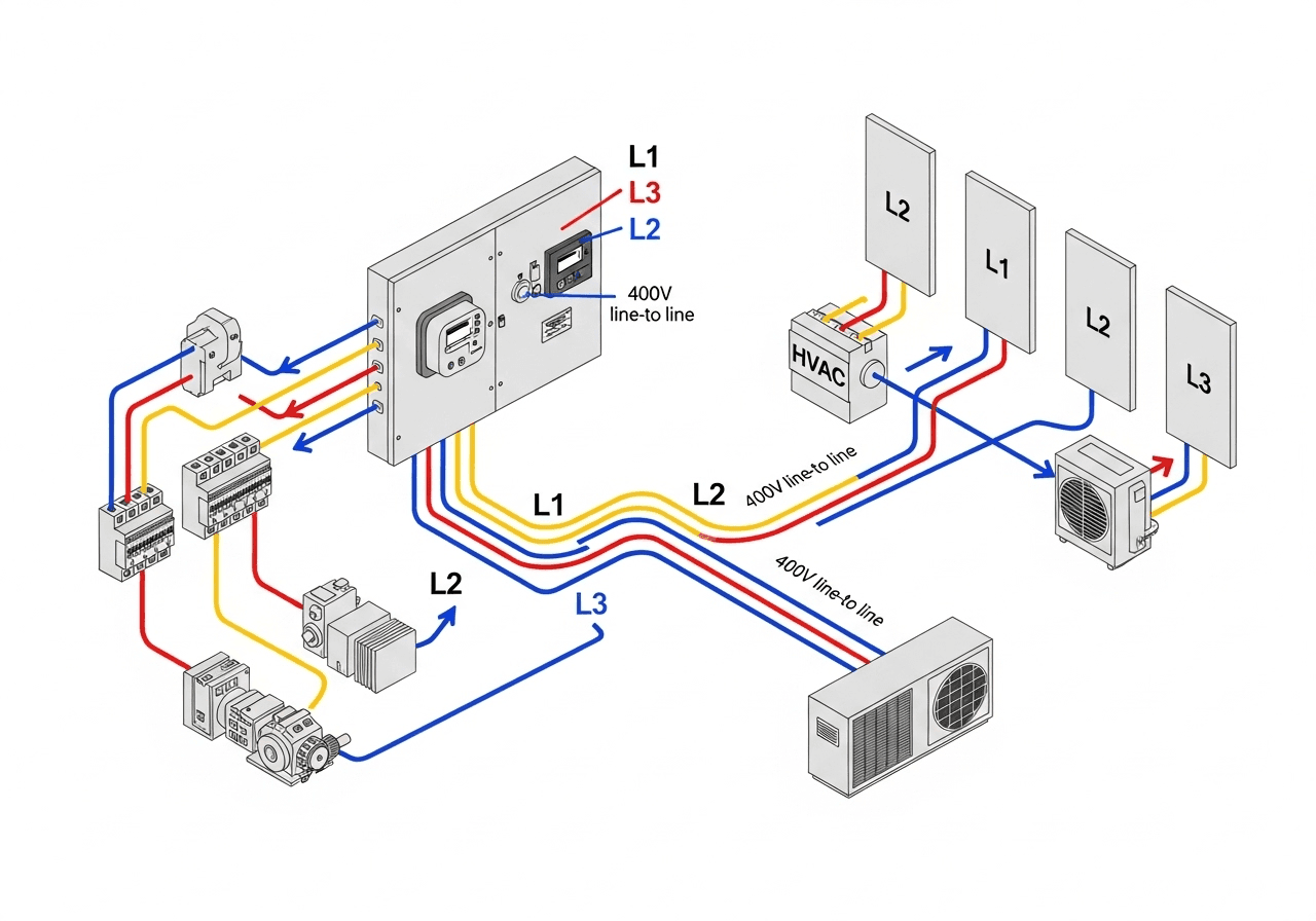 three phase electrical distribution system showing balanced power delivery to commercial building equipment and loads.809z min