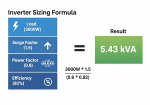 visual breakdown of hybrid inverter kva calculation formula with example values and step by step computation.212z min