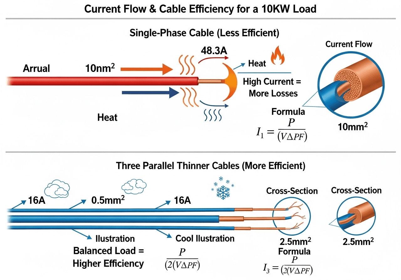visual comparison showing how three phase power distributes current across multiple conductors reducing heat losses compared to single phase.965z min