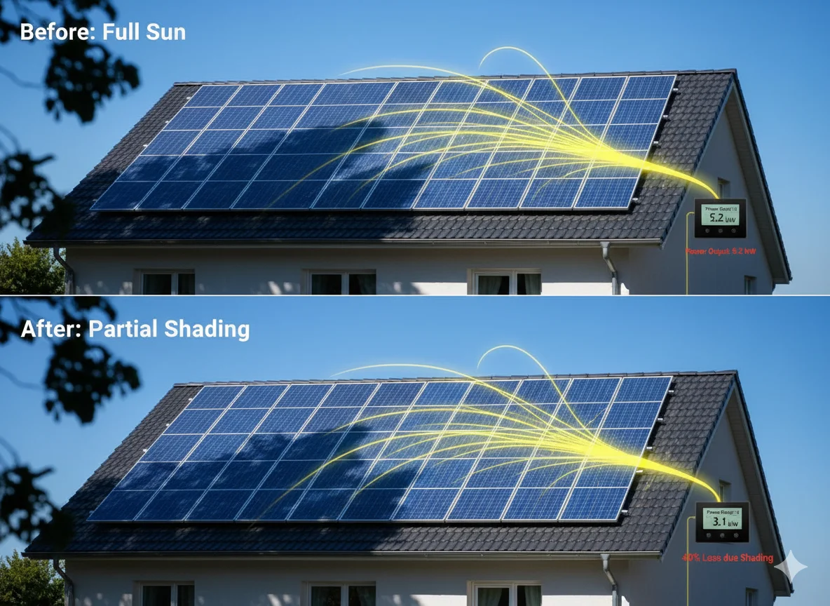 visual demonstration of how 20% shading reduces solar array output by 40% due to series string configuration