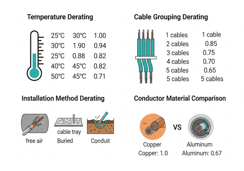 Cable Size Calculator Visual guide to cable derating factors — temperature, grouping, installation method, and material for cable size calculator
