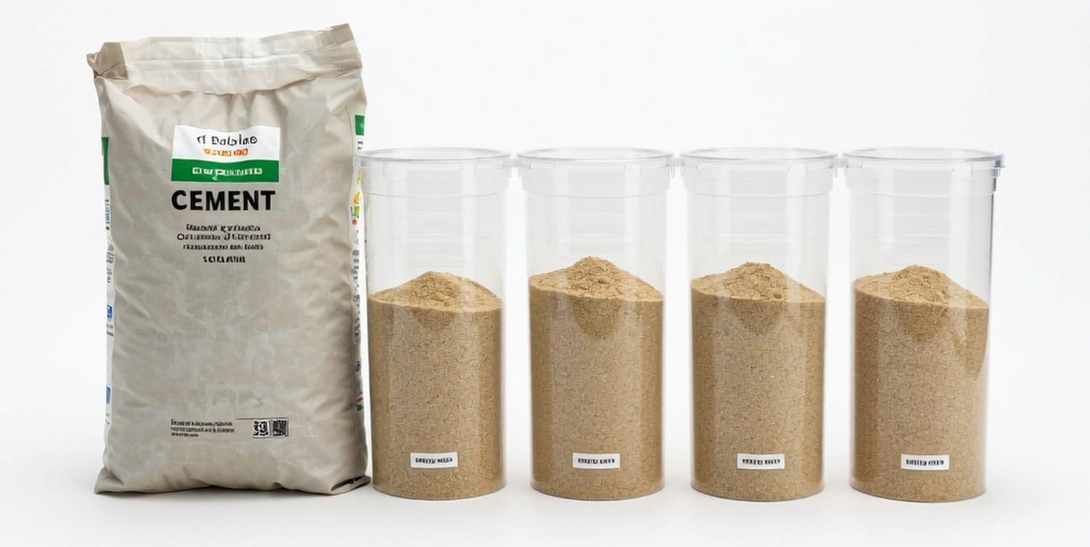 visual representation of 1 4 cement to sand ratio showing one 50kg cement bag with four portions of sand min {{brizy_dc_image_alt imageSrc=