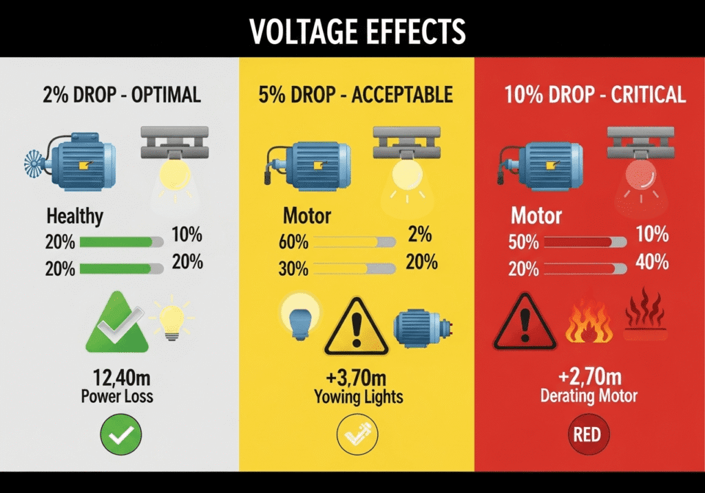 Cable Size Calculator Voltage drop impact comparison showing effects on electrical equipment at 2%, 5%, and 10% drop levels