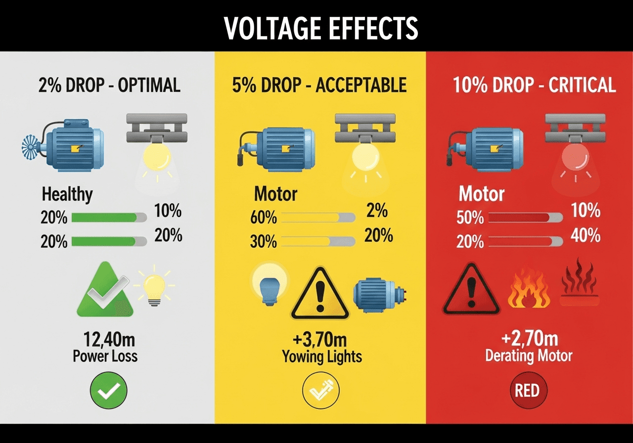 voltage drop impact comparison showing effects on electrical equipment at 2%, 5%, and 10% drop levels.174z min