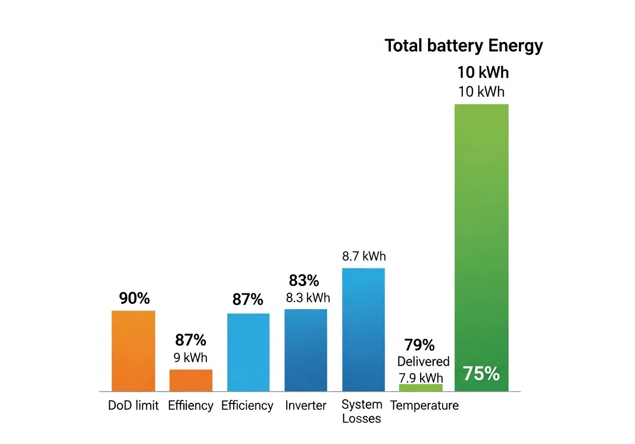 Waterfall chart showing cumulative efficiency losses in battery backup systems