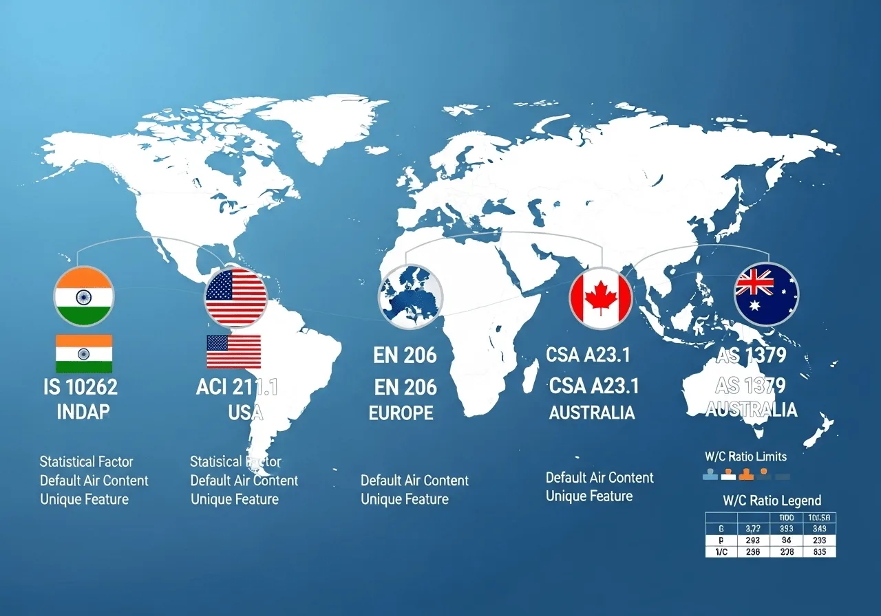 World map comparing concrete mix design standards across India, USA, Europe, Canada and Australia