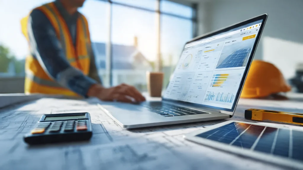 Solar sizing calculator: professional using laptop to design residential solar system with blueprints visible in background