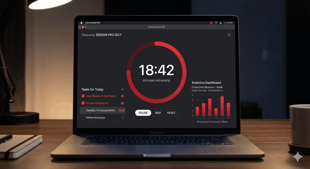 Pomodoro Timer Online advanced pomodoro timer online showing countdown, task manager, and analytics dashboard