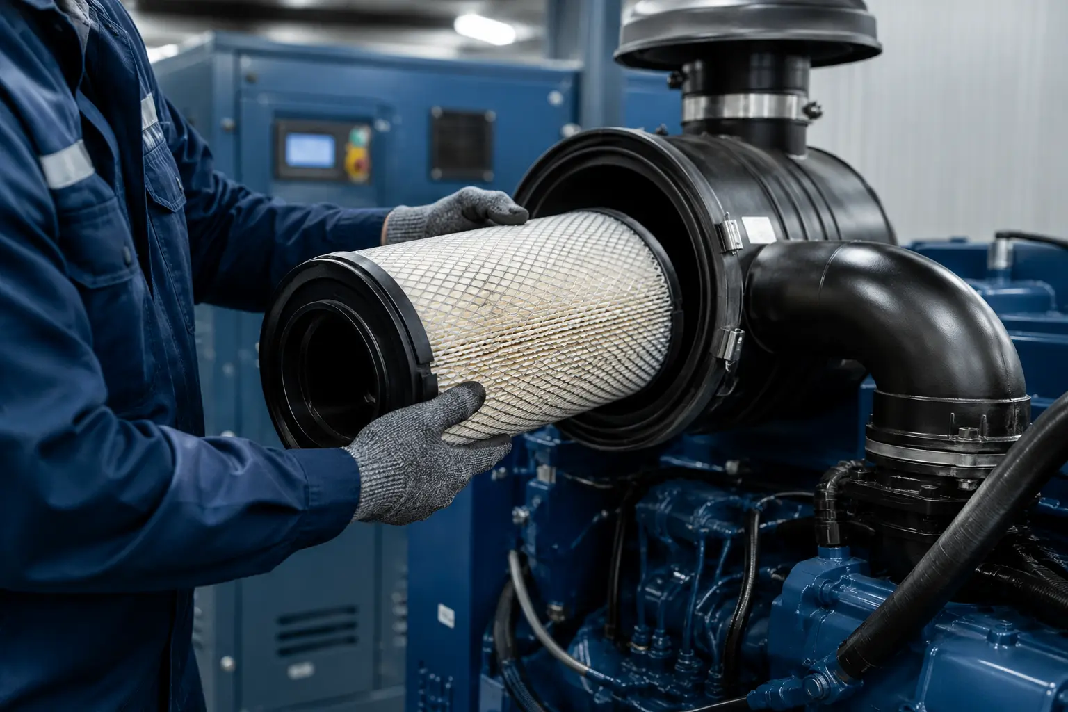 Generator Fuel & Cost Calculator generator maintenance technician inspecting air filter to reduce fuel consumption and improve generator efficiency