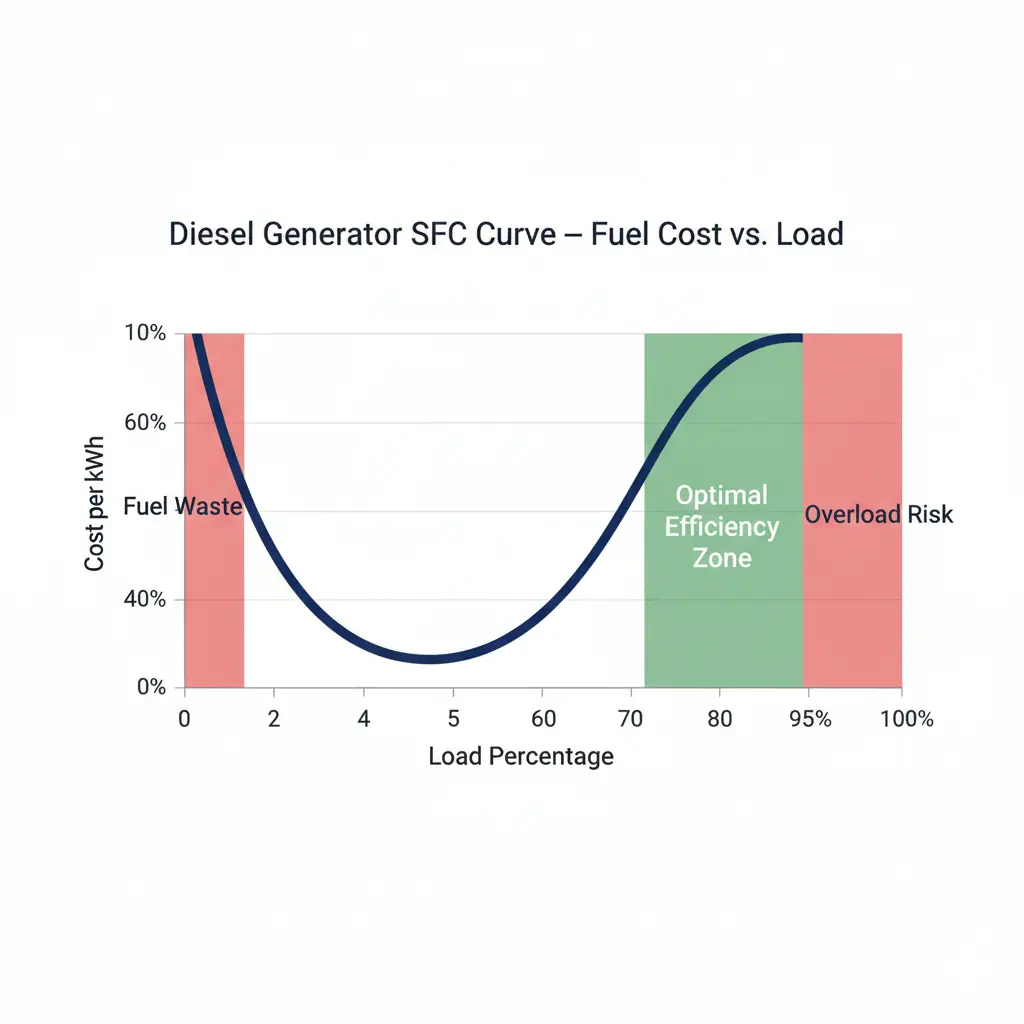 Generator Fuel & Cost Calculator diesel generator SFC curve chart showing cost per kWh vs load percentage with optimal efficiency zone highlighted between 65-85% load