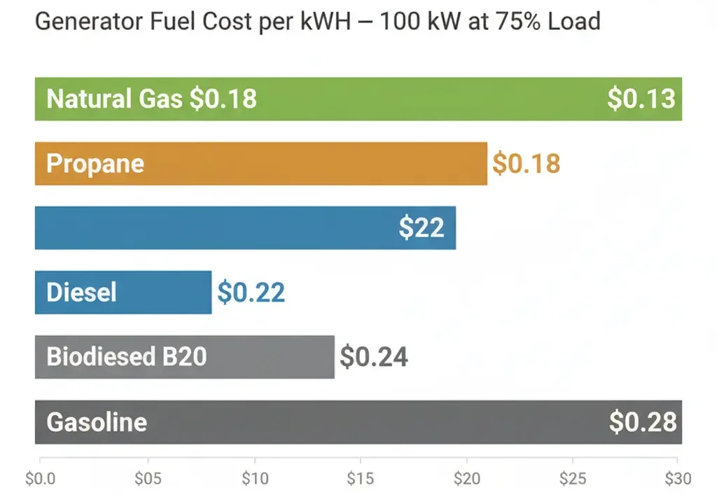Generator Fuel & Cost Calculator horizontal bar chart comparing generator fuel cost per kWh for natural gas propane diesel biodiesel and gasoline