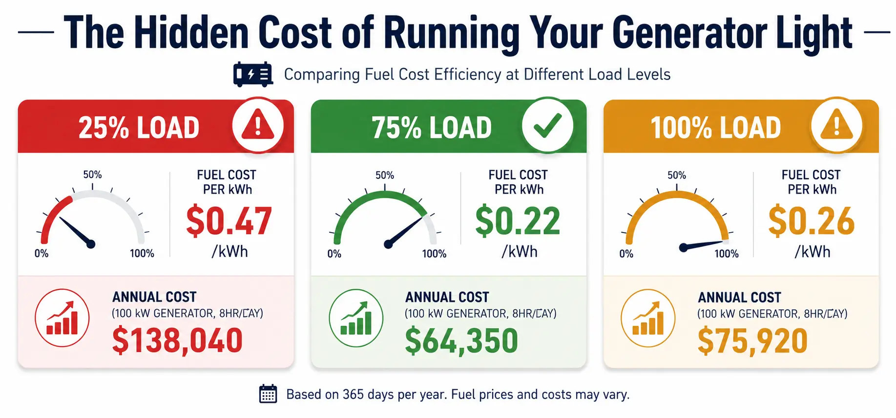 Generator Fuel & Cost Calculator infographic showing generator fuel cost per kWh at 25% 75% and 100% load demonstrating why 75% load is most economical