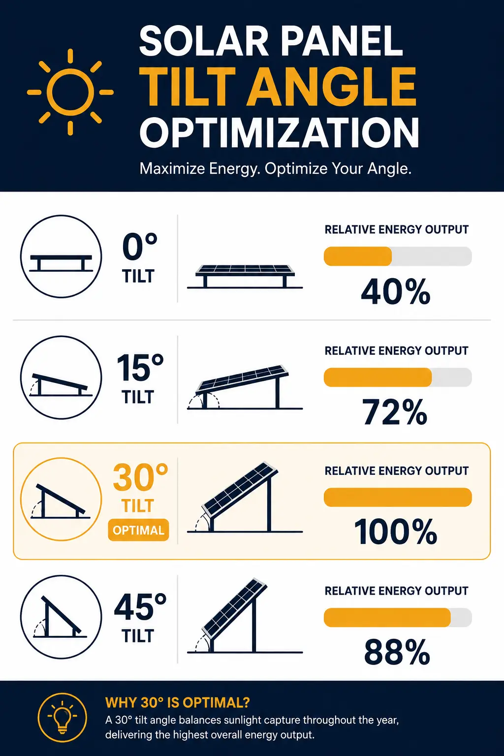 PV Panel Tilt & Orientation Optimizer Solar panel tilt angle chart showing optimal degrees by latitude zone and energy output comparison