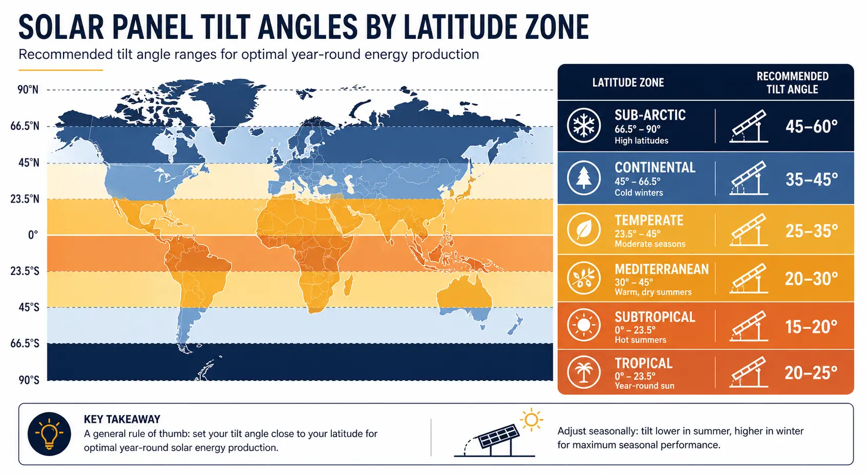 PV Panel Tilt & Orientation Optimizer World map showing optimal solar panel tilt angles by geographic region color-coded by latitude zone