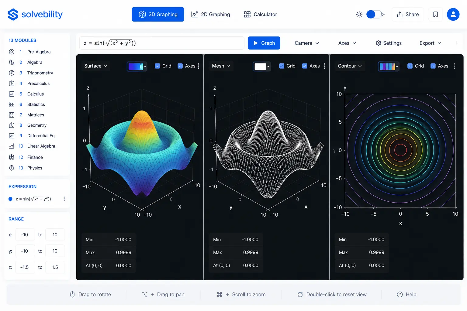 Advanced Graphing Calculator free online 3D graphing calculator showing surface, mesh, and contour plots of sin(sqrt(x² + y²))