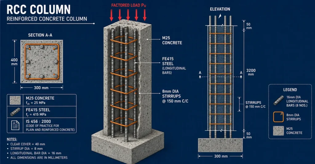 Column Load Calculator Column load calculator hero image showing reinforced concrete column cross-section with internal steel rebar, stirrups, and IS 456 axial load capacity annotations — Solvebility civil engineering calculator