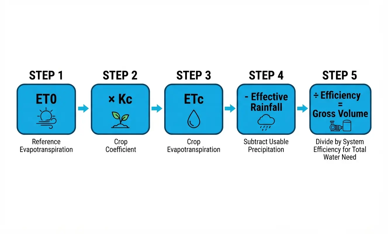 Irrigation Water Requirement Calculator FAO-56 crop evapotranspiration formula flow from ET0 to gross irrigation volume