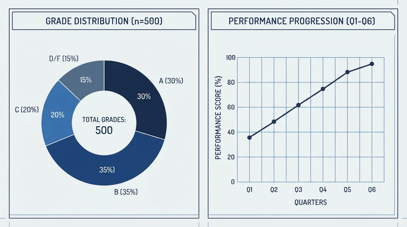 Weighted Grade Calculator Side-by-side category breakdown donut chart and grade trend line chart from a weighted grade calculator