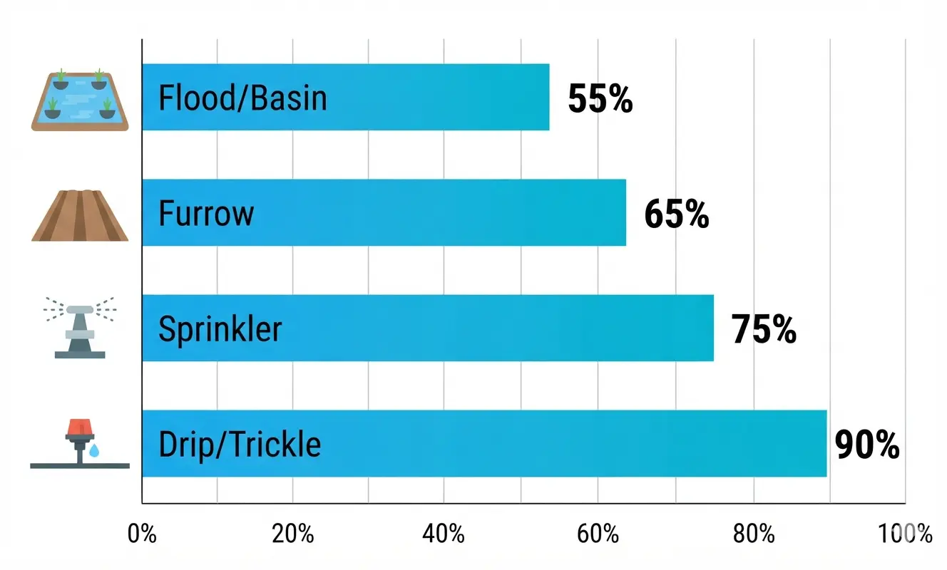 Irrigation Water Requirement Calculator Bar chart comparing irrigation efficiency of flood, furrow, sprinkler, and drip irrigation methods