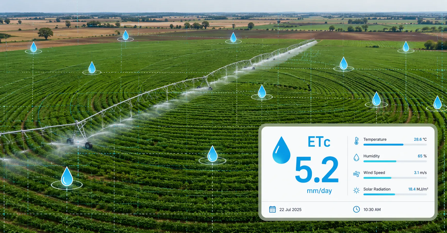 Irrigation Water Requirement Calculator Aerial view of irrigated farm field with irrigation water requirement data overlay