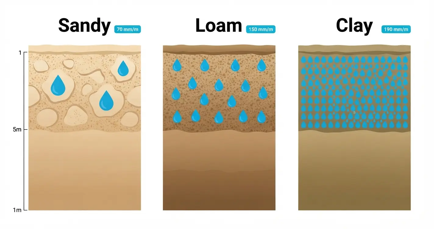 Irrigation Water Requirement Calculator Cross-section diagram comparing water holding capacity of sandy, loam, and clay soil