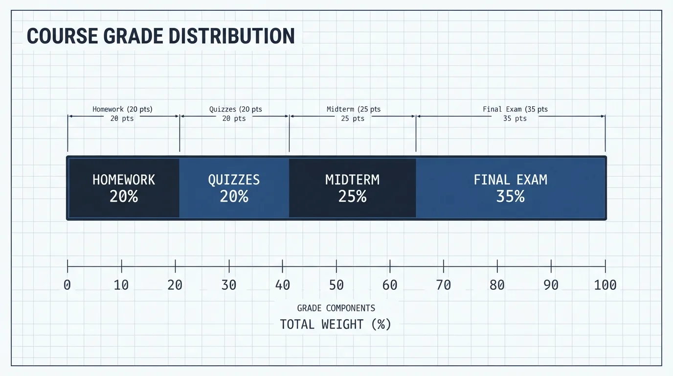 Weighted Grade Calculator Bar chart showing how homework, quizzes, midterm, and final exam weights combine into a weighted course grade