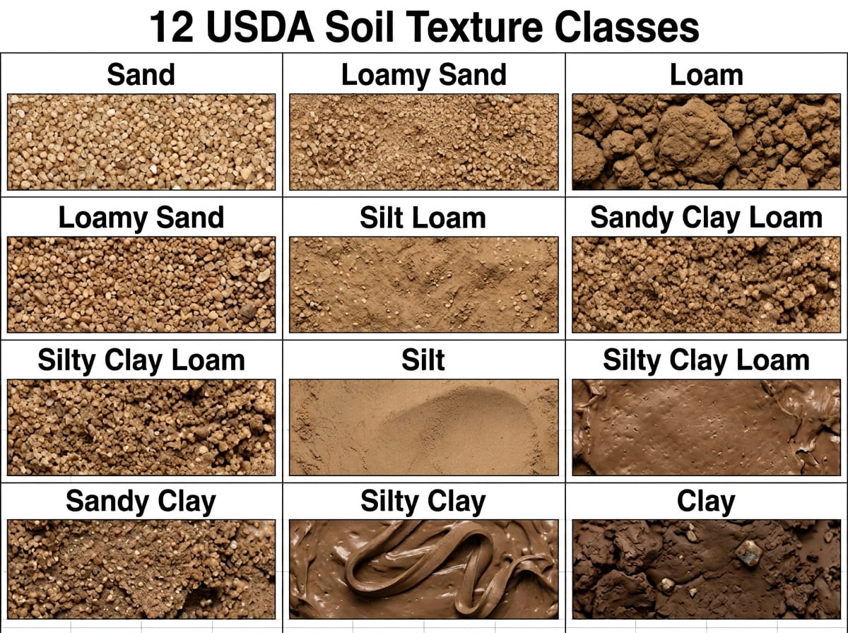 USDA Soil Texture Triangle: How to Classify Soil Visual guide showing actual soil samples or photographs of all 12 USDA soil texture classes: Sand, Loamy Sand, Sandy Loam, Loam, Silt Loam, Silt, Sandy Clay Loam, Clay Loam, Silty Clay Loam, Sandy Clay, Silty Clay, and Clay