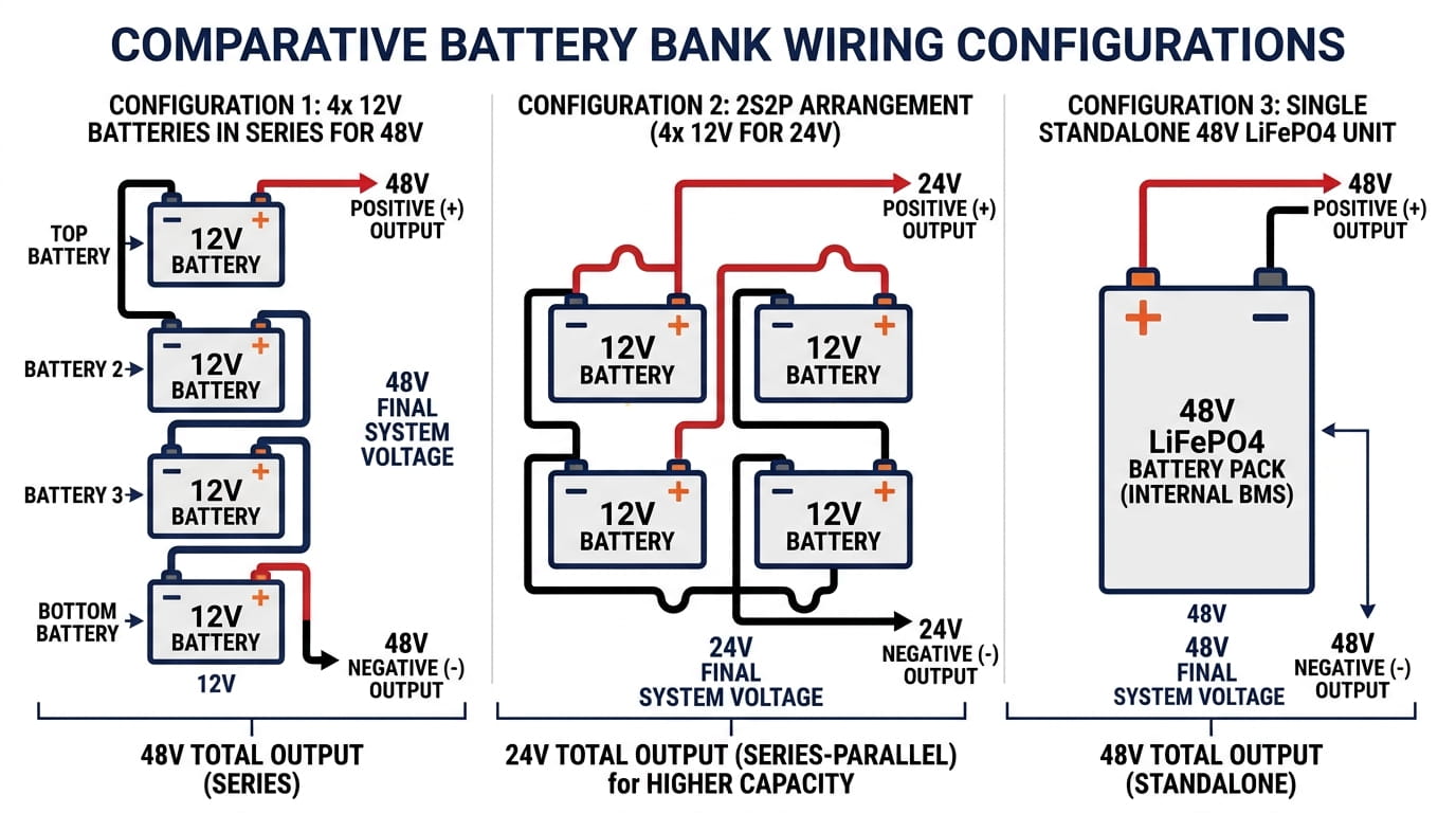 Diagram showing series and parallel battery wiring configurations for 12V 24V and 48V off grid systems