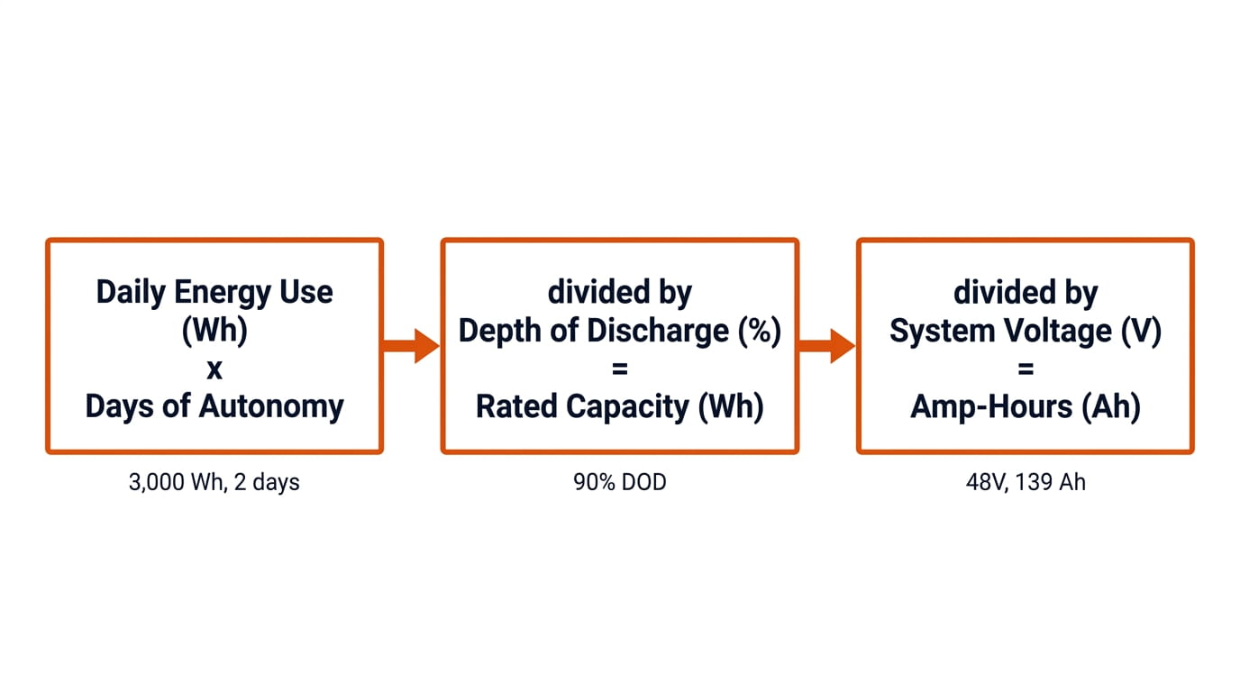 Battery bank sizing formula flow diagram showing daily load autonomy depth of discharge and amp hour conversion