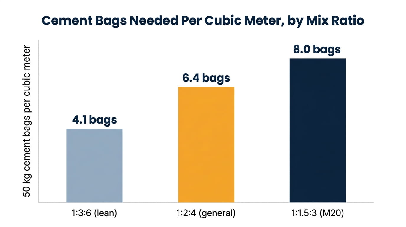 How Many Bags of Cement Are Needed Per Cubic Meter? Bar chart comparing 50 kg cement bags needed per cubic meter across 1:3:6, 1:2:4, and 1:1.5:3 concrete mix ratios