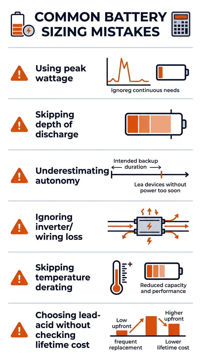 Infographic listing common off grid battery sizing mistakes including depth of discharge and temperature derating