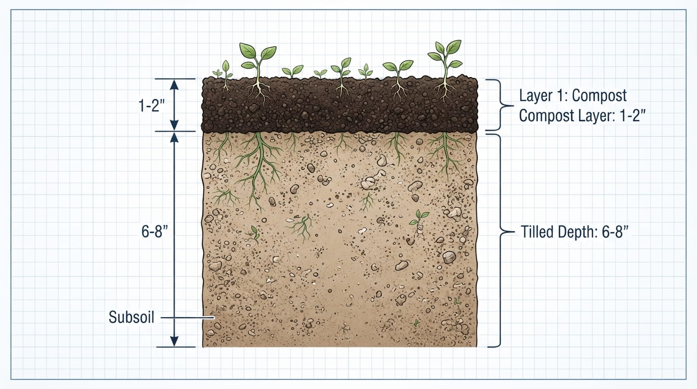 Cross section diagram showing how much compost to add to soil at different depths