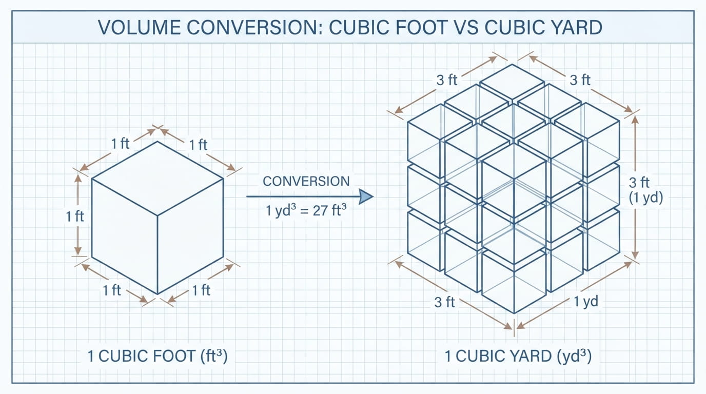 Diagram showing the compost calculator formula for converting cubic feet to cubic yards