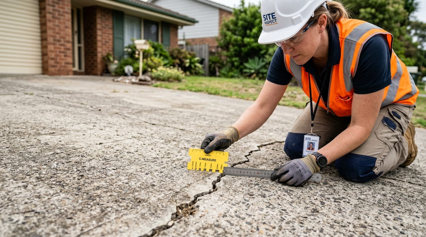 Concrete Slab Cracking-Causes and How to Prevent It Technician inspecting a concrete slab crack with a measuring gauge