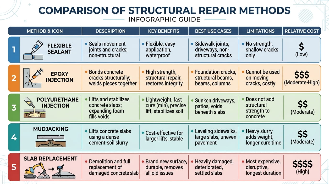Concrete Slab Cracking-Causes and How to Prevent It Comparison of concrete crack repair methods: sealant, epoxy injection, and mudjacking