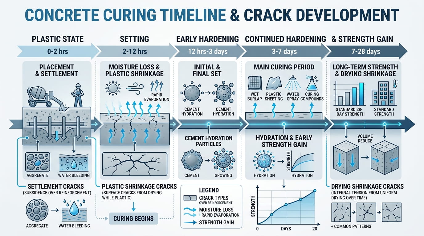Concrete Slab Cracking-Causes and How to Prevent It Concrete curing crack timeline showing when plastic shrinkage and drying shrinkage cracks appear