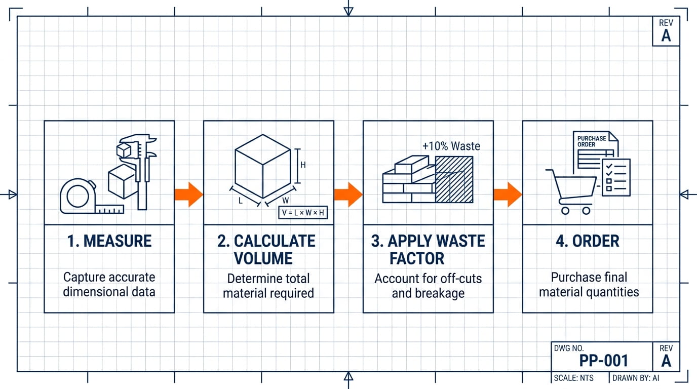 Reducing Construction Waste Through Accurate Volume Calculation Step by step process diagram for accurate construction material takeoff