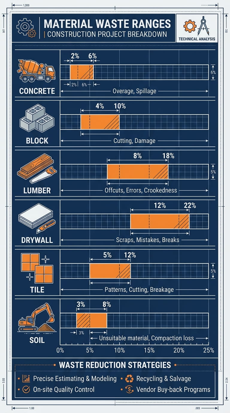 Reducing Construction Waste Through Accurate Volume Calculation Infographic showing construction material waste sources by category