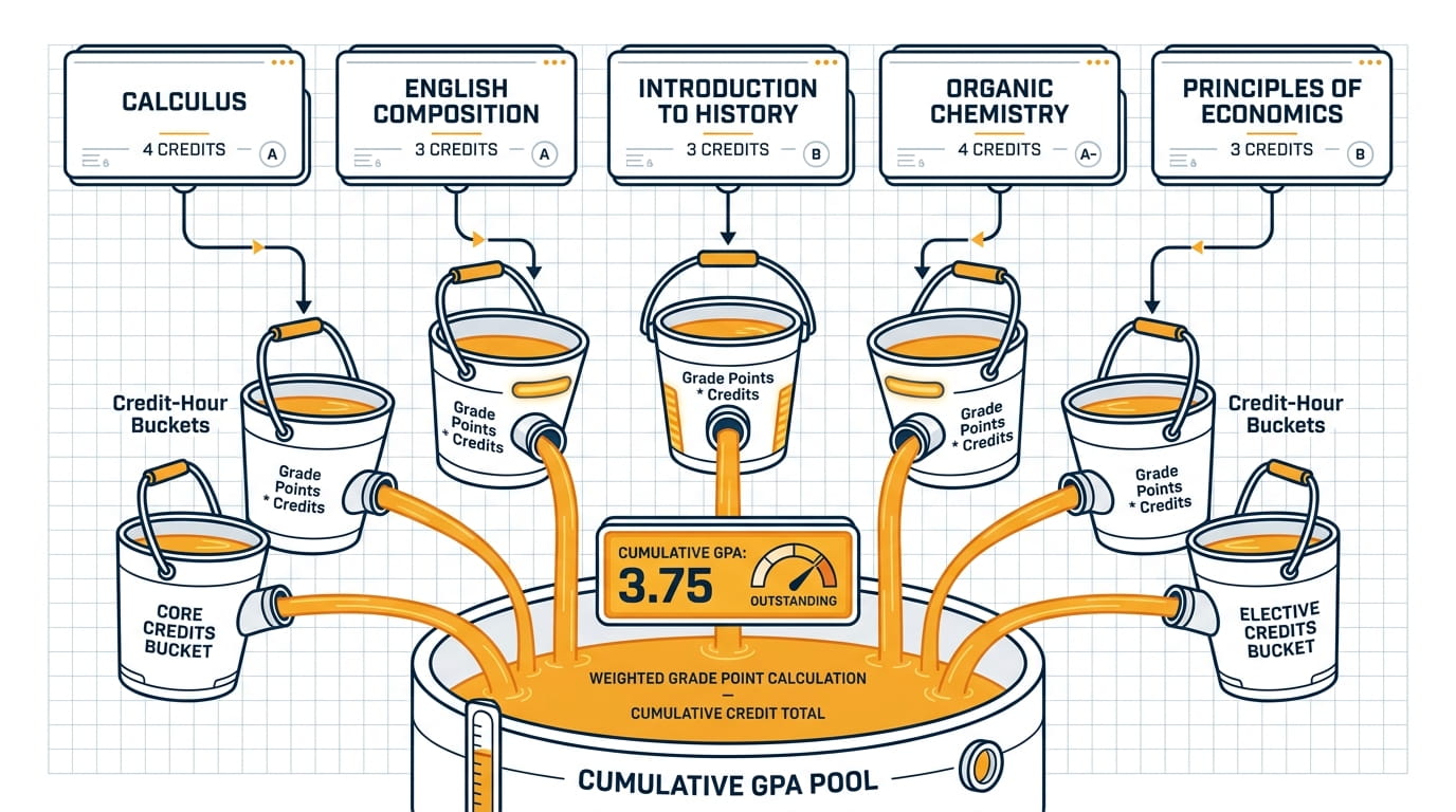 Diagram showing credit hours pooling into cumulative GPA calculations